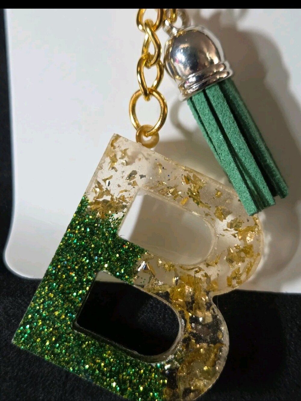 Personalized Green & Gold Letter 'B' Keychain with Tassel